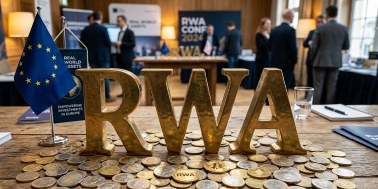 Palabra RWA, con monedas alrededor y la bandera de la UE.