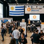 Personas reunidas en un evento de Bitcoin con la bandera de Uruguay.