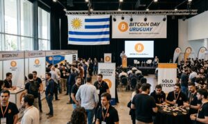 Personas reunidas en un evento de Bitcoin con la bandera de Uruguay.