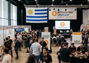 Personas reunidas en un evento de Bitcoin con la bandera de Uruguay.