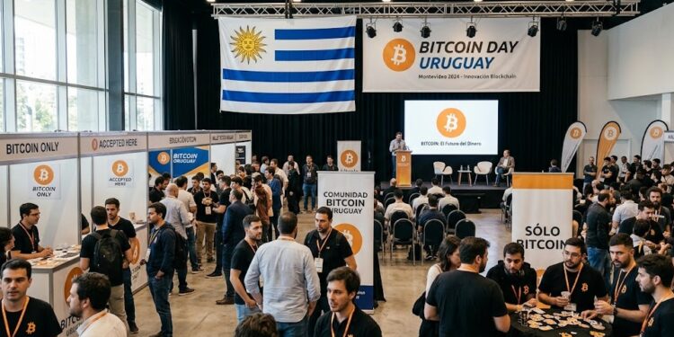 Personas reunidas en un evento de Bitcoin con la bandera de Uruguay.