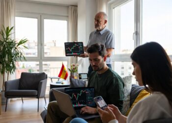 Tres personas de diferentes edades revisan gráficos de precio en sus pantallas.