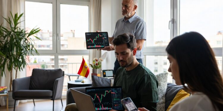 Tres personas de diferentes edades revisan gráficos de precio en sus pantallas.