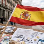 Bandera de España con papeles que digan "bono tokenizado" y euros alrededor.