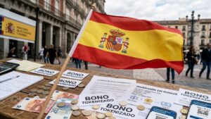 Bandera de España con papeles que digan "bono tokenizado" y euros alrededor.