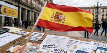 Bandera de España con papeles que digan "bono tokenizado" y euros alrededor.