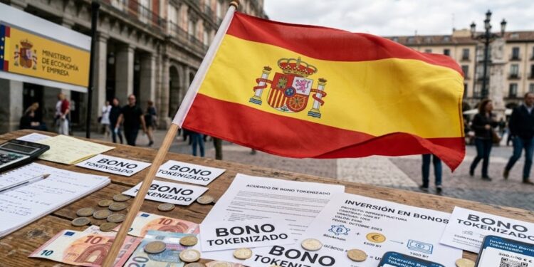 Bandera de España con papeles que digan "bono tokenizado" y euros alrededor.