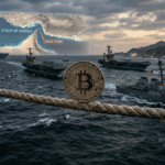 Una moneda de Bitcoin dorada se mantiene en equilibrio vertical sobre una soga náutica en primer plano, mientras al fondo, varios buques de guerra estadounidenses navegan frente a un mapa holográfico del Estrecho de Ormuz, simbolizando la tensión económica y geopolítica en la región.
