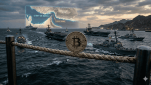 Una moneda de Bitcoin dorada se mantiene en equilibrio vertical sobre una soga náutica en primer plano, mientras al fondo, varios buques de guerra estadounidenses navegan frente a un mapa holográfico del Estrecho de Ormuz, simbolizando la tensión económica y geopolítica en la región.