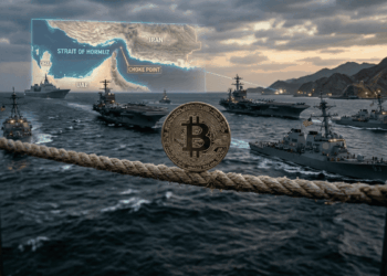 Una moneda de Bitcoin dorada se mantiene en equilibrio vertical sobre una soga náutica en primer plano, mientras al fondo, varios buques de guerra estadounidenses navegan frente a un mapa holográfico del Estrecho de Ormuz, simbolizando la tensión económica y geopolítica en la región.
