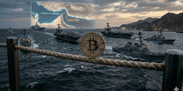 Una moneda de Bitcoin dorada se mantiene en equilibrio vertical sobre una soga náutica en primer plano, mientras al fondo, varios buques de guerra estadounidenses navegan frente a un mapa holográfico del Estrecho de Ormuz, simbolizando la tensión económica y geopolítica en la región.