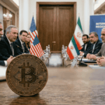 En primer plano, una moneda física de bitcoin sobre una mesa. En el fondo, funcionarios genéricos de EE. UU. e Irán dialogando, junto con banderas de ambos países.