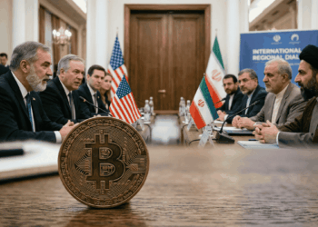 En primer plano, una moneda física de bitcoin sobre una mesa. En el fondo, funcionarios genéricos de EE. UU. e Irán dialogando, junto con banderas de ambos países.
