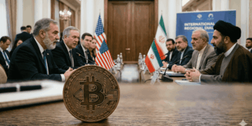 En primer plano, una moneda física de bitcoin sobre una mesa. En el fondo, funcionarios genéricos de EE. UU. e Irán dialogando, junto con banderas de ambos países.