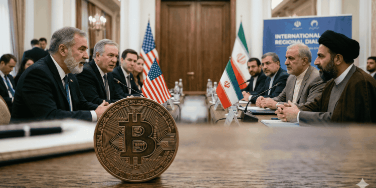 En primer plano, una moneda física de bitcoin sobre una mesa. En el fondo, funcionarios genéricos de EE. UU. e Irán dialogando, junto con banderas de ambos países.