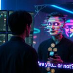Una persona de espaldas frente a un espejo grande y ligeramente agrietado en un entorno oscuro de habitación con pantallas de trading. En el reflejo, su rostro se distorsiona con efecto deepfake (líneas de glitch, parpadeo irregular y ojos artificiales). De su mano reflejada sale una wallet crypto abierta que pierde monedas de Solana y USDC como si se drenaran. En el fondo del espejo se ve sutilmente el logo de Lazarus (máscara estilizada) y un calendario marcado el 1 de abril. Texto sutil en neón: “¿Eres tú… o no?”.