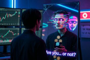 Una persona de espaldas frente a un espejo grande y ligeramente agrietado en un entorno oscuro de habitación con pantallas de trading. En el reflejo, su rostro se distorsiona con efecto deepfake (líneas de glitch, parpadeo irregular y ojos artificiales). De su mano reflejada sale una wallet crypto abierta que pierde monedas de Solana y USDC como si se drenaran. En el fondo del espejo se ve sutilmente el logo de Lazarus (máscara estilizada) y un calendario marcado el 1 de abril. Texto sutil en neón: “¿Eres tú… o no?”.