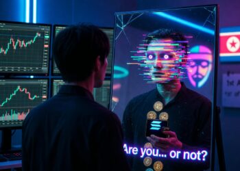 Una persona de espaldas frente a un espejo grande y ligeramente agrietado en un entorno oscuro de habitación con pantallas de trading. En el reflejo, su rostro se distorsiona con efecto deepfake (líneas de glitch, parpadeo irregular y ojos artificiales). De su mano reflejada sale una wallet crypto abierta que pierde monedas de Solana y USDC como si se drenaran. En el fondo del espejo se ve sutilmente el logo de Lazarus (máscara estilizada) y un calendario marcado el 1 de abril. Texto sutil en neón: “¿Eres tú… o no?”.