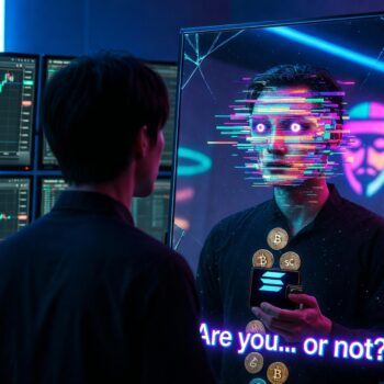 Una persona de espaldas frente a un espejo grande y ligeramente agrietado en un entorno oscuro de habitación con pantallas de trading. En el reflejo, su rostro se distorsiona con efecto deepfake (líneas de glitch, parpadeo irregular y ojos artificiales). De su mano reflejada sale una wallet crypto abierta que pierde monedas de Solana y USDC como si se drenaran. En el fondo del espejo se ve sutilmente el logo de Lazarus (máscara estilizada) y un calendario marcado el 1 de abril. Texto sutil en neón: “¿Eres tú… o no?”.