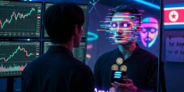 Una persona de espaldas frente a un espejo grande y ligeramente agrietado en un entorno oscuro de habitación con pantallas de trading. En el reflejo, su rostro se distorsiona con efecto deepfake (líneas de glitch, parpadeo irregular y ojos artificiales). De su mano reflejada sale una wallet crypto abierta que pierde monedas de Solana y USDC como si se drenaran. En el fondo del espejo se ve sutilmente el logo de Lazarus (máscara estilizada) y un calendario marcado el 1 de abril. Texto sutil en neón: “¿Eres tú… o no?”.