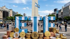 Palabra ETF vestida con un jersey de la selecciรณn de Argentina, en el Obelisco. Con monedas fรญsicas de bitcoin y otras criptomonedas apiladas alrededor.