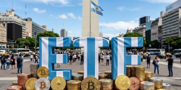 Palabra ETF vestida con un jersey de la selección de Argentina, en el Obelisco. Con monedas físicas de bitcoin y otras criptomonedas apiladas alrededor.