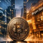 Dos rascacielos opuestos enfrentรกndose, con una gran moneda de bitcoin en el centro.