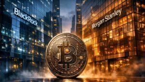 Dos rascacielos opuestos enfrentándose, con una gran moneda de bitcoin en el centro.