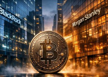 Dos rascacielos opuestos enfrentándose, con una gran moneda de bitcoin en el centro.