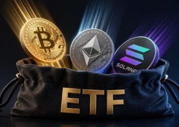Monedas físicas de bitcoin, ether y solana dentro de una bolsa que tiene las siglas ETF.