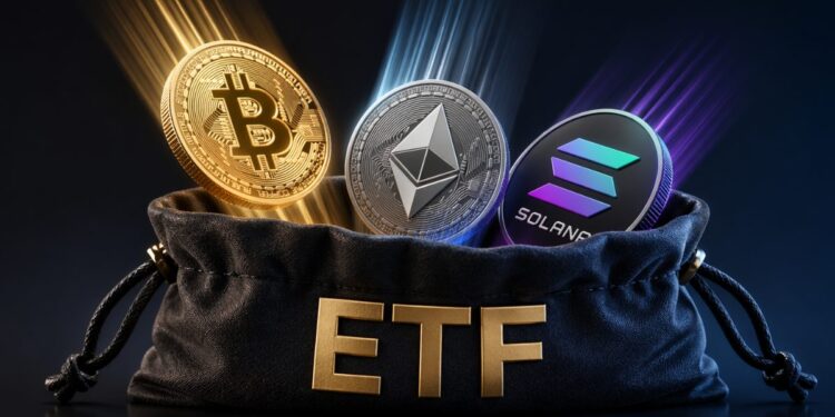 Monedas físicas de bitcoin, ether y solana dentro de una bolsa que tiene las siglas ETF.