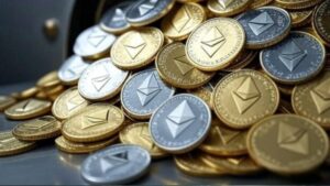 Monedas físicas de ether dentro de una bóveda.