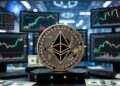 Una moneda de ether junto a pantallas con gráficos de trading.