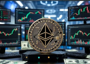 Una moneda de ether junto a pantallas con gráficos de trading.