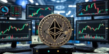 Una moneda de ether junto a pantallas con gráficos de trading.