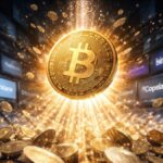 Bitcoin emergiendo de exchanges digitales con brillo dorado, rodeado de pantallas de trading y gráficos financieros en estilo realista.