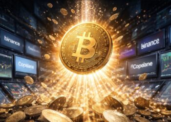 Bitcoin emergiendo de exchanges digitales con brillo dorado, rodeado de pantallas de trading y gráficos financieros en estilo realista.