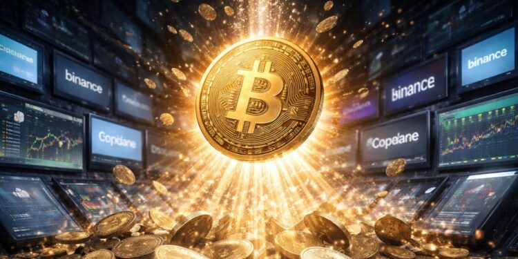 Bitcoin emergiendo de exchanges digitales con brillo dorado, rodeado de pantallas de trading y gráficos financieros en estilo realista.