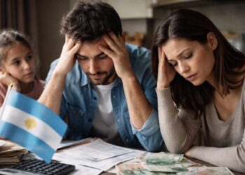 Personas tomándose la cabeza delante de un escritorio donde se ve la bandera de Argentina.