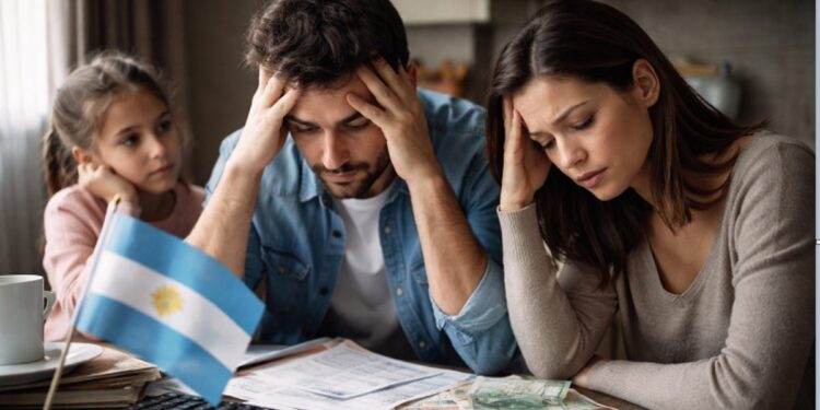 Personas tomรกndose la cabeza delante de un escritorio donde se ve la bandera de Argentina.