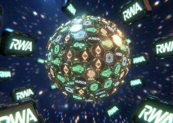 Esfera luminosa formada por tokens de Ethereum, Ethena, USDe y sUSDS flotando en un espacio digital fintech. Iconos de RWA rodean la esfera.