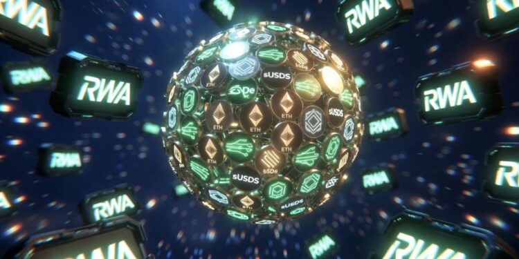 Esfera luminosa formada por tokens de Ethereum, Ethena, USDe y sUSDS flotando en un espacio digital fintech. Iconos de RWA rodean la esfera.