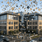 Una lluvia de criptomonedas cae sobre un edificio corporativo de Franklin Templeton.