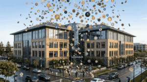 Una lluvia de criptomonedas cae sobre un edificio corporativo de Franklin Templeton.