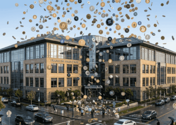 Una lluvia de criptomonedas cae sobre un edificio corporativo de Franklin Templeton.