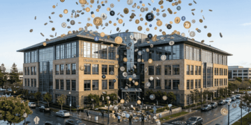 Una lluvia de criptomonedas cae sobre un edificio corporativo de Franklin Templeton.