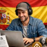 Trabajador freelancer con la bandera de Espaรฑa, criptomonedas alrededor y papeles que dicen IVA.
