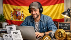 Trabajador freelancer con la bandera de España, criptomonedas alrededor y papeles que dicen IVA.