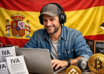 Trabajador freelancer con la bandera de España, criptomonedas alrededor y papeles que dicen IVA.