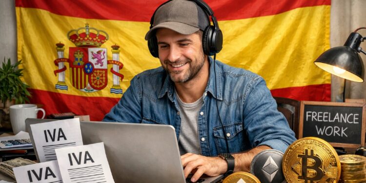 Trabajador freelancer con la bandera de España, criptomonedas alrededor y papeles que dicen IVA.